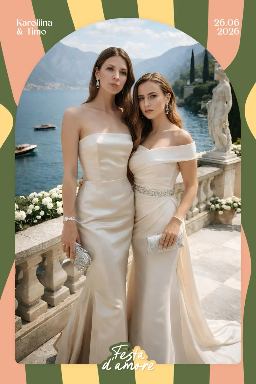 AI-pilt fotopeegli näidisest: kaks külalist elegantselt kleitides Como järve terrassil, „Festa d'amore