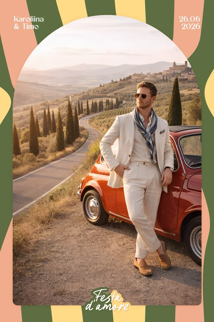 AI-pilt fotopeegli näidisest: külaline Toscana teel Fiat 500 kõrval, „Festa d'amore