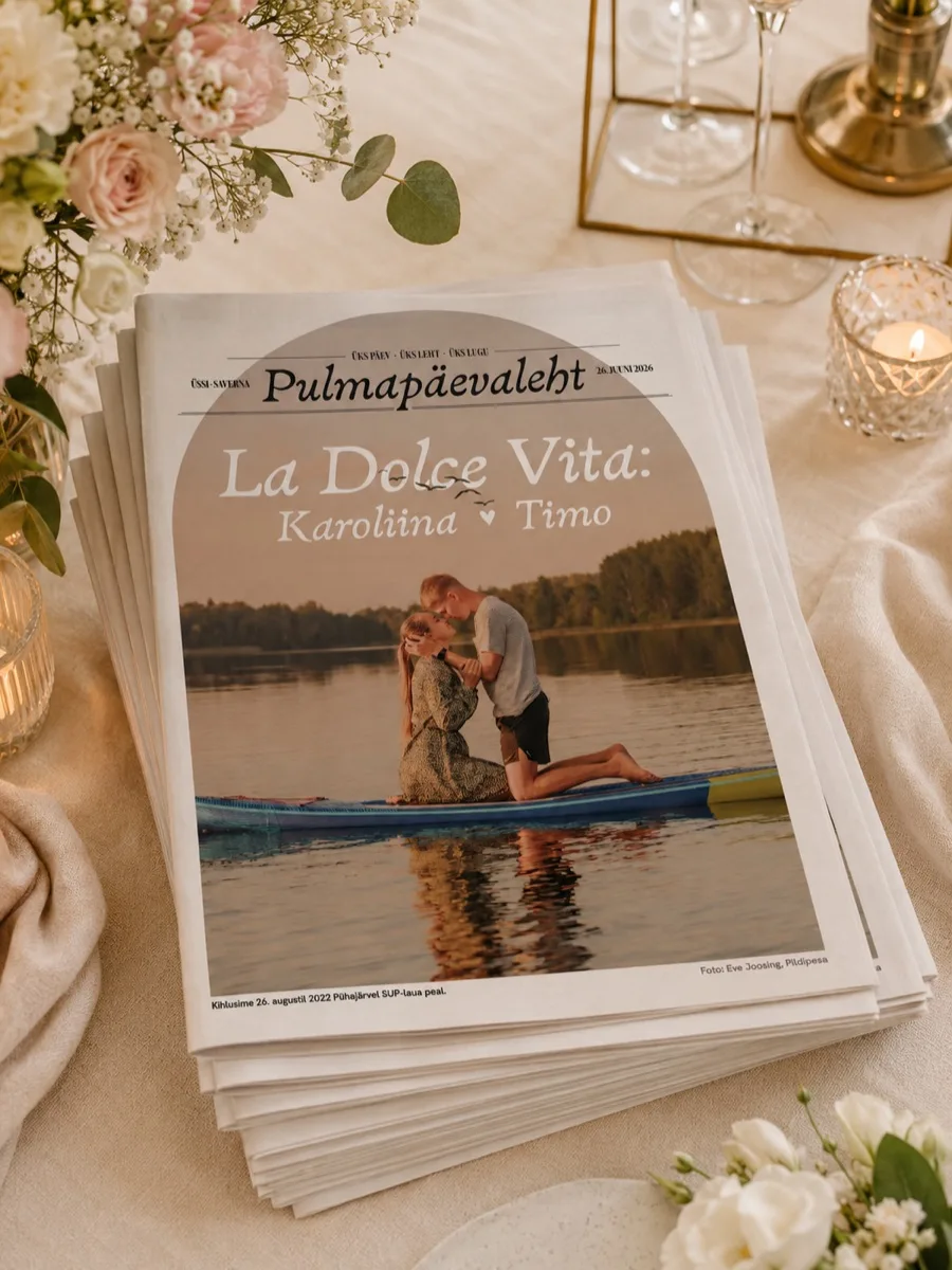 Pulmapäevaleht «La Dolce Vita: Karoliina & Timo» virnas küünlavalgel — roosade lillede ja pehme tekstiiliga